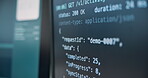 Code, running or software development on computer screen, data sync or batch processing in agency. Digital, coding or information input with tech, script analysis or backend encryption in office.