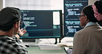 People, screen and computer in office for programming, code and update firewall for cybersecurity. Team, review and discussion in workplace with tech, debugging system and testing for data protection
