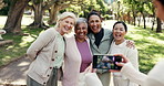 Photo, happy and senior women in park for social media, online post and memory with fresh air. Friends, outdoor and mature people with hug, picture and smile for bonding, wellness or hangout together