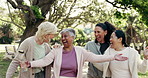 Old women, fitness and dancing with water, park and playful with happy friends and exercise routine. Senior people, laughing and workout with bottle for health, wellness and fun together in nature
