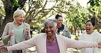Old women, fitness and dancing with water, outdoor and exercise routine with happy friends at park. Senior people, laughing and workout with bottle for health, wellness and bonding together in nature