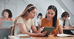 Study, students and talk in class with tablet, lecture slides insight or explain course material. University, happy girls and tech for peer support, essay tips and topic discussion to share knowledge