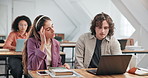 College, students and laptop in class with stress, browser crash and late assignment with data loss. University, people and frustrated with tech for technical glitch, high plagiarism report and worry