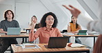 Hand, question and lecturer with students in college, education and explaining assignment to group. Professor, talk and happy people with laptop, knowledge or advice for academic growth in university