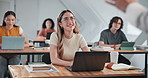 Laptop, listening and college student in classroom for learning, lecture and laughing with smile. Computer, university and happy woman in lesson with teacher interaction, academic knowledge or talk