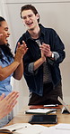 Office, team and business people applause for creative project, success and feedback for advertising. Meeting, startup and workers clapping for good news, goals and growth for branding campaign