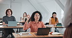 Education, question and woman in classroom with hand up, learning or talking in university lecture. Laptop, college student and happy person in lesson with teacher, laugh or answer academic query