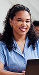 University, laptop and face of woman in classroom for learning, education and lesson for thesis. Portrait, tutorial and student at college for knowledge, phd feedback and group assignment on tech