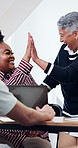 Professor, student and high five in university with laptop, education and well done for good grade. Lecturer, people and happy in college with computer, help and celebration for academic excellence.