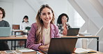 Face, college student and happy woman in classroom for study opportunity, development or learning. Computer, university or person with smile, academic knowledge and portrait for education scholarship