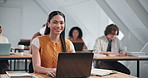 Face, university student and happy woman in classroom with laptop for study, development or learning. Computer, college or person with smile, academic knowledge and portrait for education scholarship