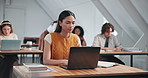 Laptop, learning or woman in classroom at university, exam preparation or assignment research. Computer, college student or person study for academic knowledge, typing thesis or reading notebook