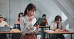 Teacher, thinking and woman in college with tablet for course planning, curriculum review or grading. Tech, mature person and lecturer in university with smile, student feedback and education idea