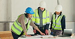 Construction site, blueprint or discussion with engineer team, building design or electrician review. Document, floor plan and people talk for architecture idea, electrical guideline or development