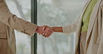 People, business and meeting with handshake for agreement, introduction or partnership together. Woman, employees or colleagues shaking hands with greeting or deal for b2b or company merger in office