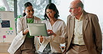 Real estate, discussion or team in home with laptop, buyer inquiry or feedback on house valuation. People, support or realtor staff with tech, listing review or collaboration with property evaluation