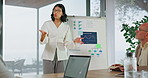 Presentation, team and woman with whiteboard, charts and financial projections for funding pitch. Presenter, office and person with graphs for project plan, startup investment or explain analysis