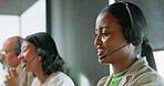 Woman, consultant or agency with headset for online advice or customer service in call center. Female person, agent talking with team or mic for virtual assistance, CRM help or support in workplace