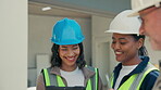 Construction site, team or discussion with tablet, property renovation or electrical safety solution. Engineer, tech and happy people planning, building power compliance or laugh with electrician
