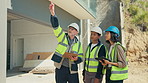 Construction site, team and planning with tablet, property renovation or electrical safety. Engineer, tech and people talk outdoor for inspection, building power checklist or point with electrician