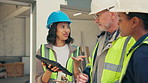 Construction site, team or planning with tablet, renovation clipboard or electrical safety solution. Maintenance engineer, tech or happy people talk, building power compliance or electrician laughing