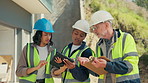 Construction site, team and talking with tablet, property renovation or electrical safety. Engineer, tech or people planning outdoor for inspection, building power checklist or point with electrician