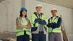 People, engineers and team at construction site with arms crossed, about us and cooperation. Serious workers, face and collaboration in building with electrician, architecture pride and confidence