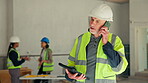 Man, phone call or engineer at site with tablet, project management or review with checklist. Mature supervisor, tech or contact supplier at worksite for building development, schedule update or plan