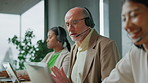 Businessman, consultant or agency with headset for online advice or customer service in call center. Mature, man or agent talking with team for virtual assistance, CRM help or support in workplace