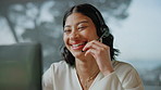 Happy, woman and consultant with headset for online advice or customer service in contact agency. Female person, friendly agent or talking for virtual assistance, CRM help or support in call center