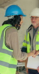 People, tablet or shaking hands on construction site for planning, development team or compliance. Women, man or handshake at worksite with tech, electrical engineering advice or building feedback