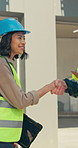 People, tablet or handshake on construction site for planning, development team or compliance. Women, man or shaking hands at worksite with tech, electrical engineering advice or building feedback