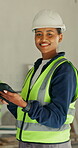 Engineer, face and woman with tablet on construction site, laugh or renovation with research on web. Civil engineering, info and happy person with tech, portrait and property development in building