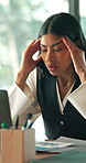 Woman, stress and headache in office with paperwork, data mistake and frustrated by financial error. Tired, person and migraine with documents for wrong finance stats, disappointment and challenge.