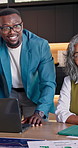 Meeting, laptop and business people with documents for finance, analytics or project budget. Group, employees or analyst talking with team for proposal, company statistics or revenue in workplace
