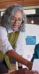 Woman, documents or meeting with team in office for business analytics or performance review. Female person, group or employees with paperwork or statistics for company revenue or growth in workplace