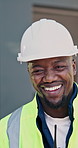 Construction, face and black man with hardhat, site manager and pride as compliance surveyor. Happy, confidence and supervisor with laugh, safety officer and about us in building development.
