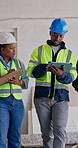 Construction, team and tablet for property inspection, building plan or contractor renovation brief. People, architect and foreman with tech for site visit, remodeling timeline or project scope notes