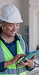Engineer, laughing and woman with tablet in building, browsing or planning for property development. Civil engineering, senior supervisor and happy person with tech, construction and scroll on web