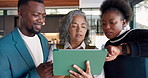 Team, tablet and interior designer in home with discussion, creativity or AI rendering of floor plan. People, research design trends and talk with digital tech, review and house improvement project.