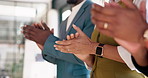 Hands, applause and business people in office with meeting, support and success for company revenue. Team, clapping and celebration in workplace with collaboration, profit goals and achievement.