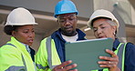 Tablet, construction and team with conversation for maintenance, electrical safety or feedback. Tech, engineer and people at site for collaboration, building development or power requirements with electrician