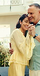 Dance, love and mature couple at hotel for romantic getaway, anniversary and vacation together. Hospitality, flare and man with woman with music, happy and resort for holiday, bonding and marriage