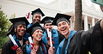 Students, excited and selfie on campus for graduation, diploma achievement and social media memory. Friends, people or happy at event for photography, academic milestone or youth development platform