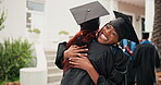 Excited, graduate and happy women hug at ceremony, achievement and friends with academic milestone. University, education and people with smile for graduation, jumping and celebration for success
