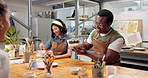 Smile, man and painting in class with clay, sculpture and custom design of handmade craft. People, talking and pottery in workshop with paint brush, artistic process and creative art for diy creation