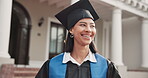 Thinking, woman or happy on campus for graduation, growth mindset or proud reflection of success. Smile, student graduate and future vision outdoor for transition, academic achievement or gratitude