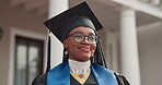 Think, girl and smile on campus for graduation, aspiration and proud reflection of valedictorian. Student graduate, black woman and happy outdoor for future vision, academic honor and degree success