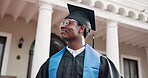Thinking, man and smile on campus for graduation, future vision or proud reflection of achievement. Student graduate, black person and aspiration outdoor for new chapter, academic milestone or growth