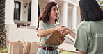 Volunteer, clipboard and women with handshake for sign up outdoor, registration and happy. People, shaking hands and food parcel for community outreach, checklist and charity or nonprofit team